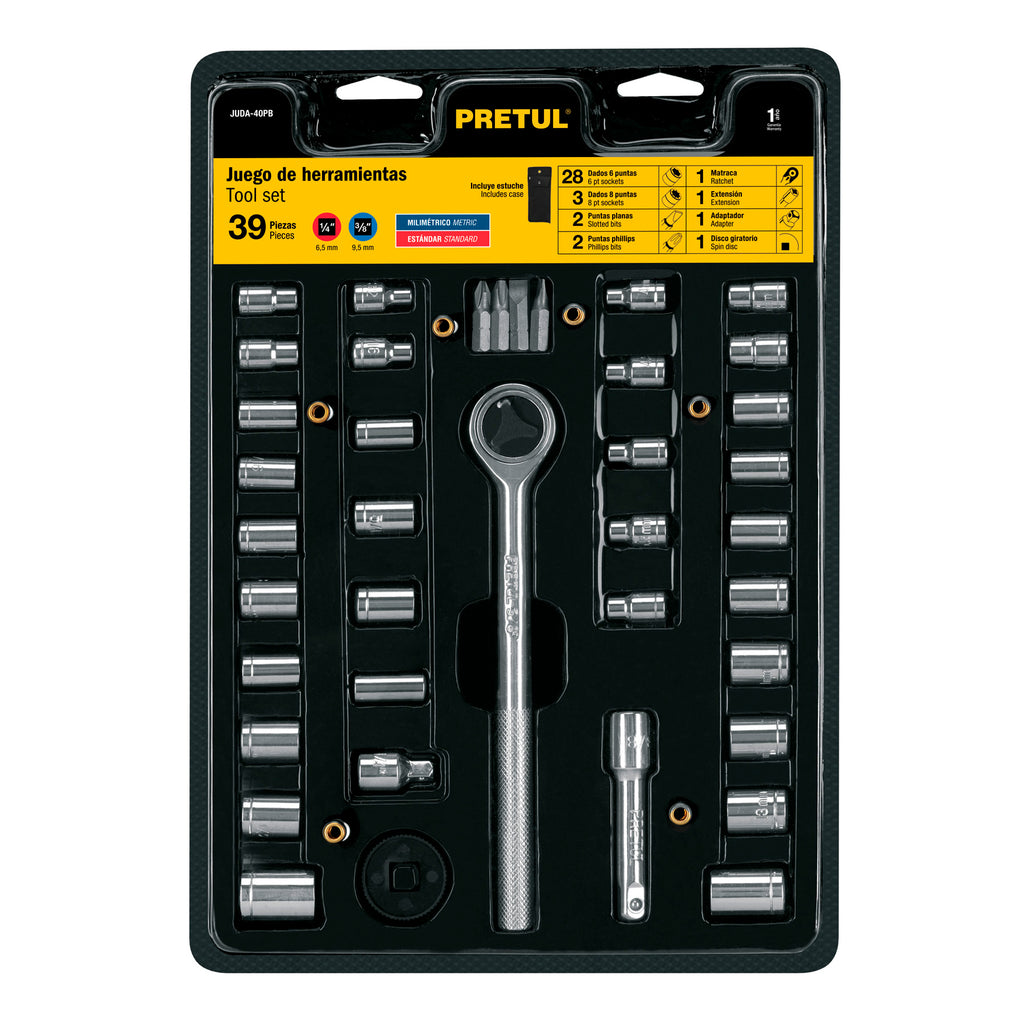 Juego De 39 Herramientas 1/4" y 3/8" Para Mecánico, Pretul 23973
