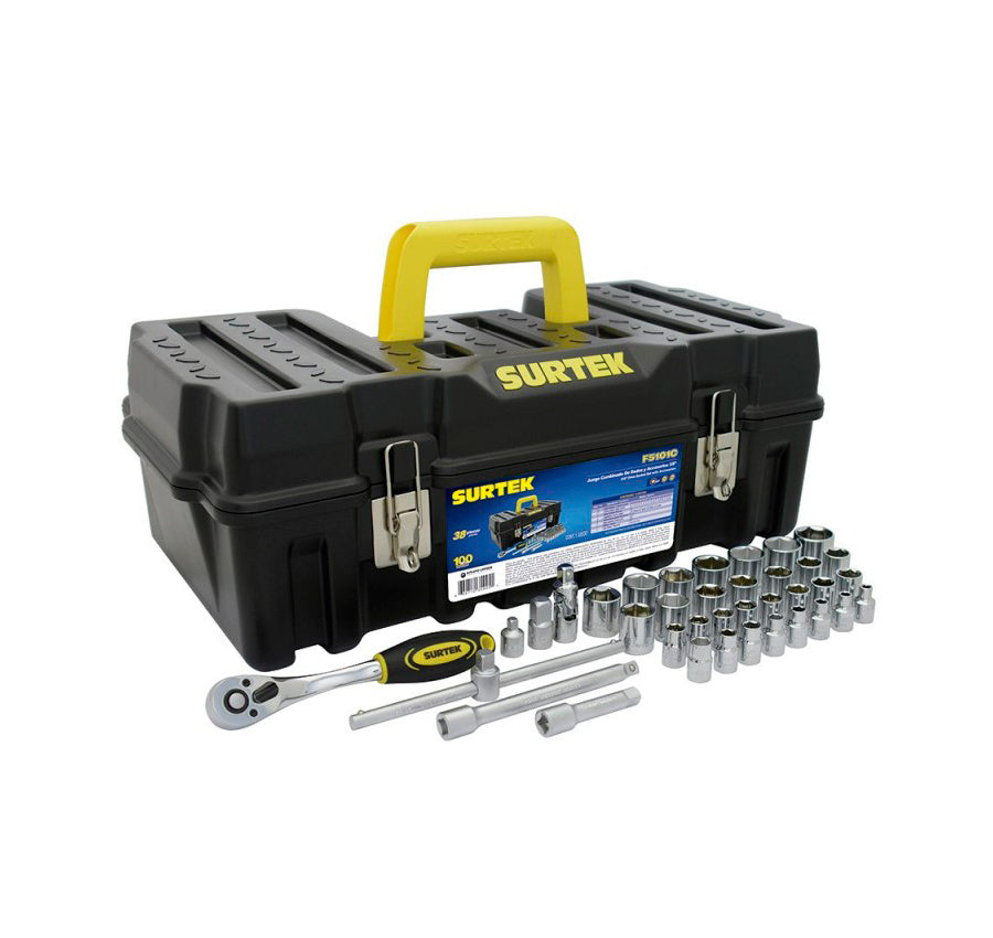 Juego de 38 Dados y Accesorios Combinados de 3/8" de Caja Surtek F5101C