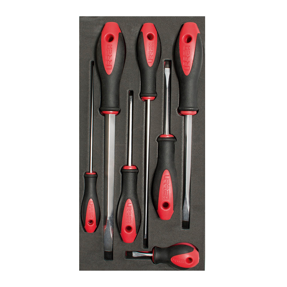 Juego de destornilladores mango bimaterial punta plana bandeja EVA, 7 piezas Urrea CH117