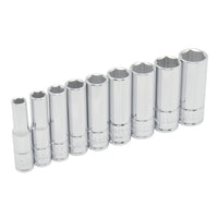 Juego de 9 Dados Largos Cromados Estándar Cuadro de 1/4" Urrea 47202