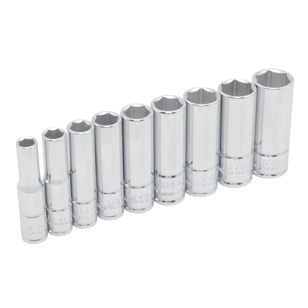 Juego de 9 Dados Largos Cromados Estándar Cuadro de 1/4" Urrea 47202