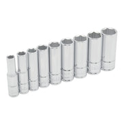 Juego de 9 Dados Largos Cromados Estándar Cuadro de 1/4" Urrea 47202