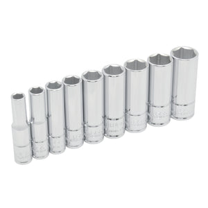 Juego de 9 Dados Largos Cromados Estándar Cuadro de 1/4" Urrea 47202