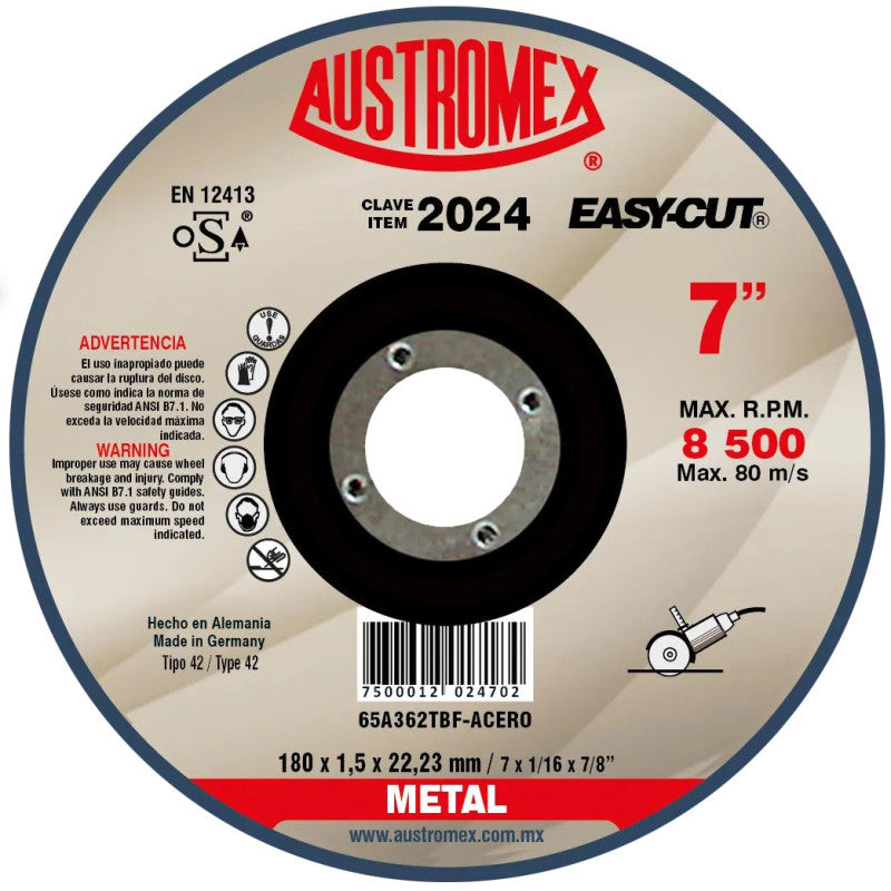 Disco Abrasivo para Corte de Metal de 7 x 1/16 x 7/8 Austromex 2024