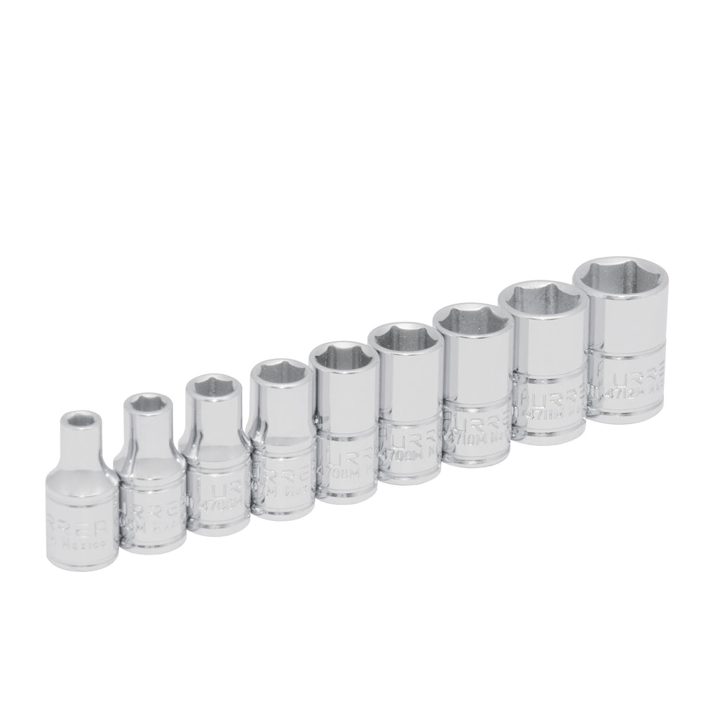 Juego de 9 Dados Cromados Métricos Cuadro de 1/4" Urrea 47207