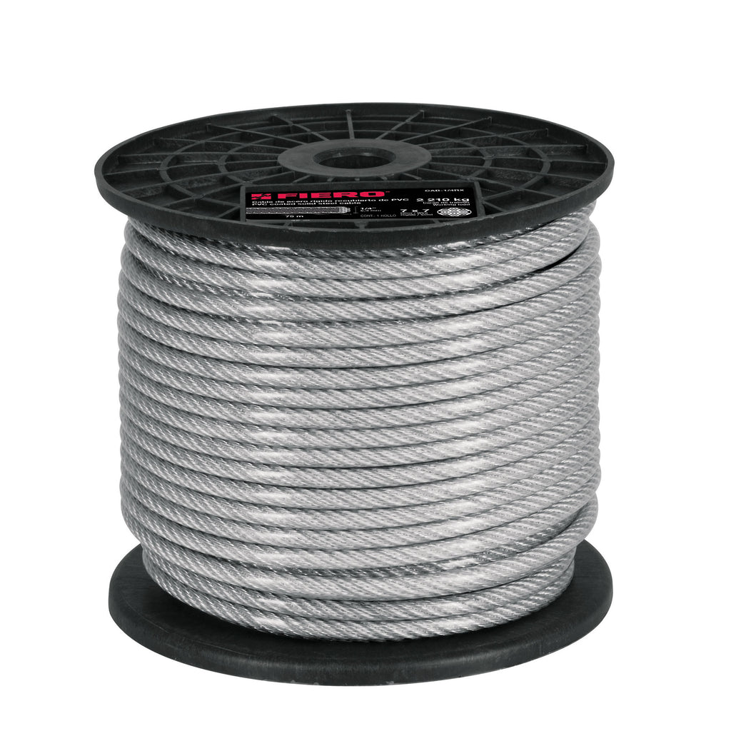 Metro De Cable Rígido 1/4" Acero 7x7 Recubierto PVC, 75 m, Fiero 44218