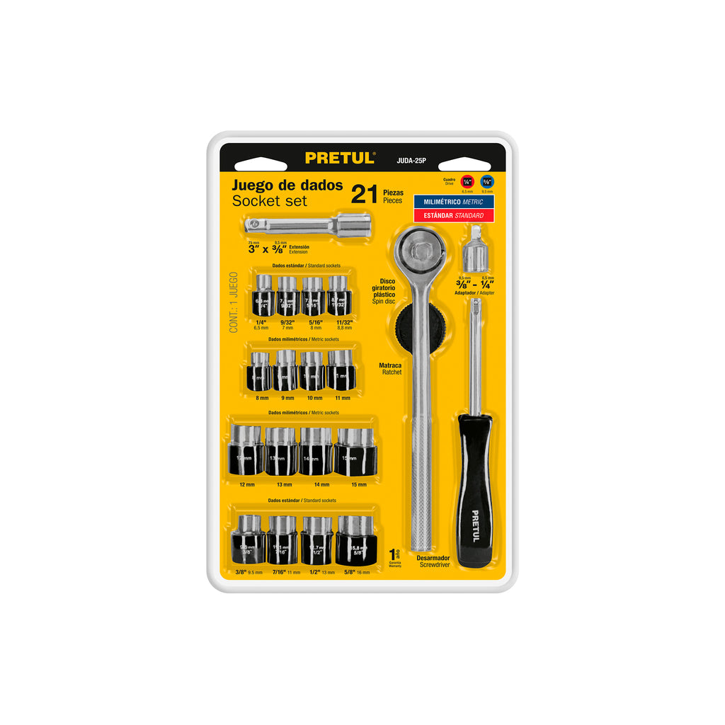 Juego De 21 Herramientas 1/4" y 3/8" Para Mecánico, Pretul 21162