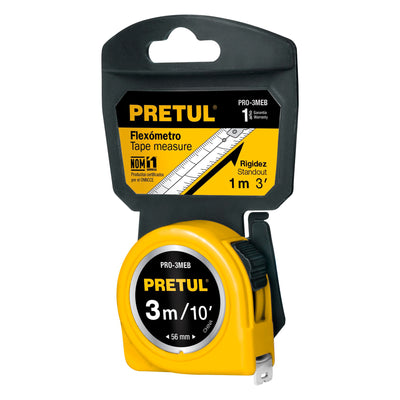 Flexómetro Amarillo 3 m Cinta 13 mm, En Tarjeta, Pretul 21605