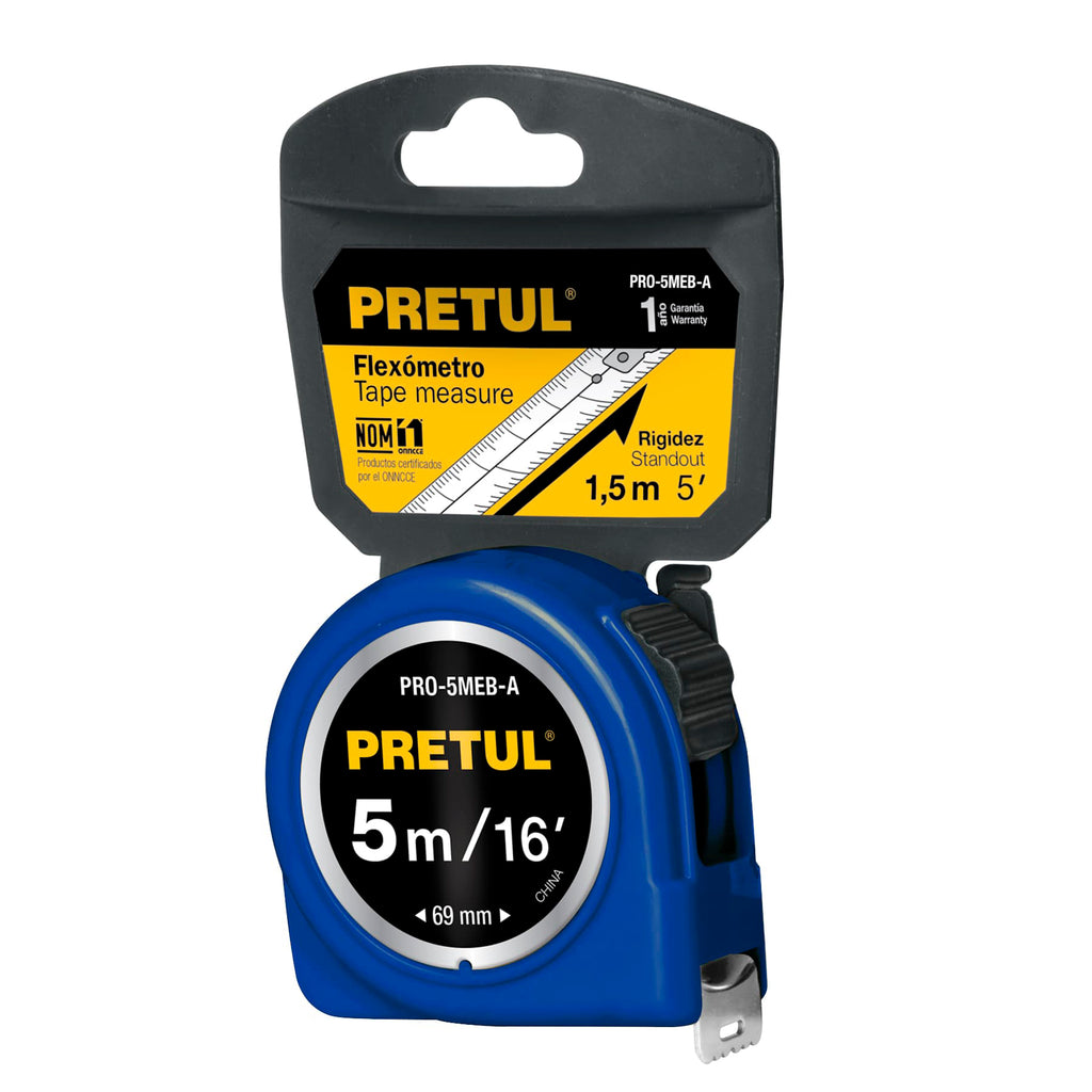 Flexómetro Azul 5 m Cinta 19 mm, En Tarjeta, Pretul 21610
