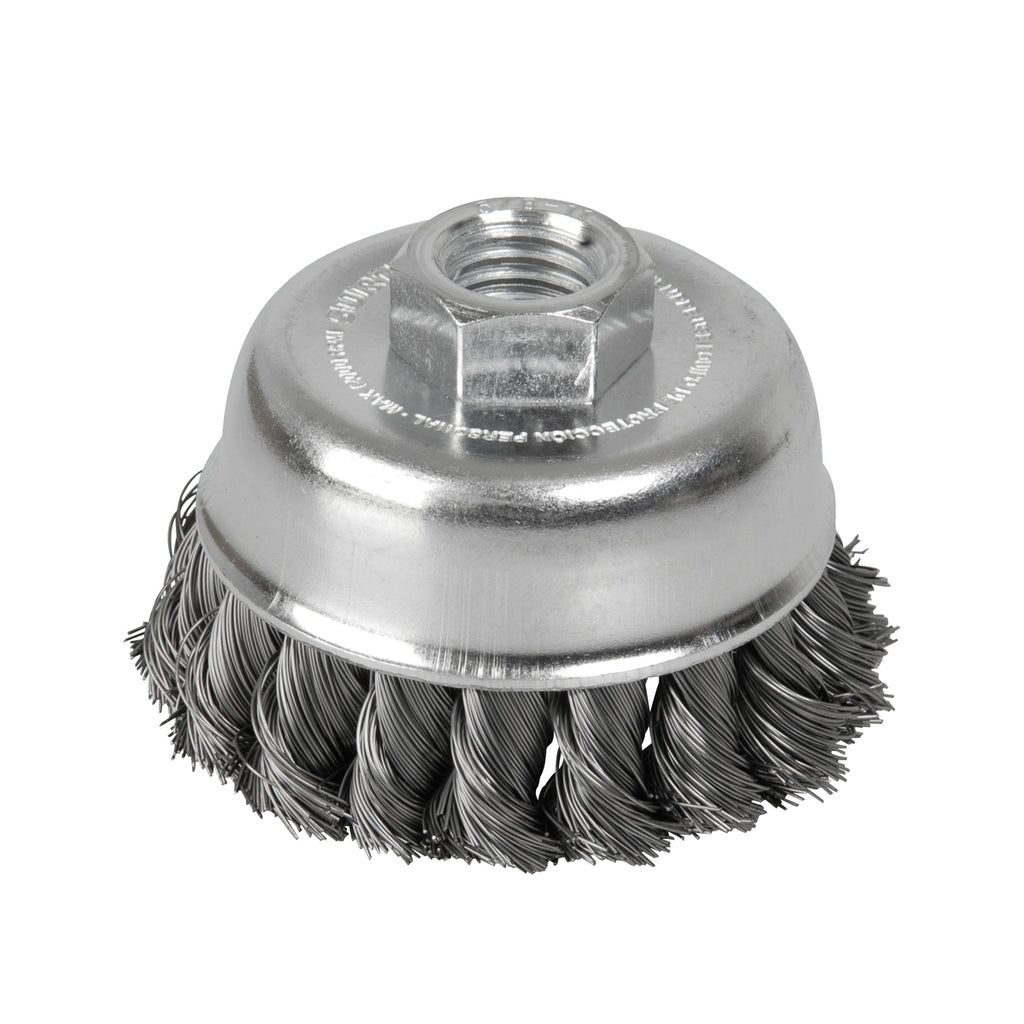 Carda Copa Trenzada Alambre Delgado De Acero Inoxidable 3" x 0.35 mm Con Rosca 5/8", Surtek C606