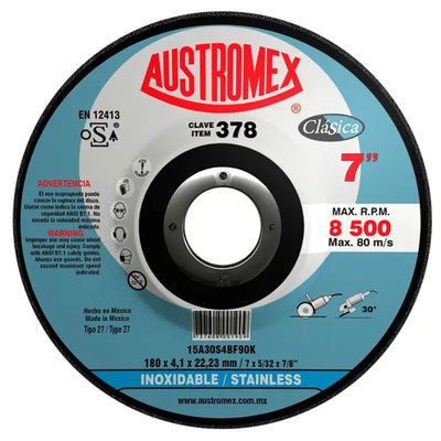 Disco Abrasivo para Desbaste y Corte de Acero Inoxidable de 7 x 5/32 x 7/8 Austromex 378